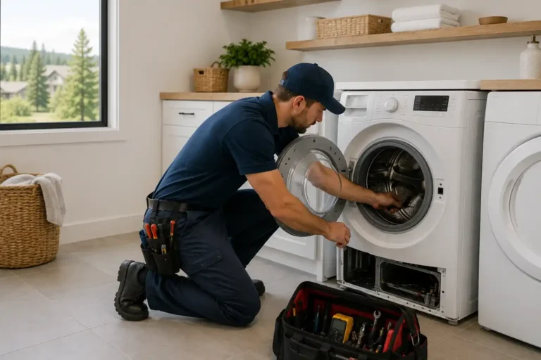 Appliance technician repairing a front-load washing machine in a Northwest Crossing home