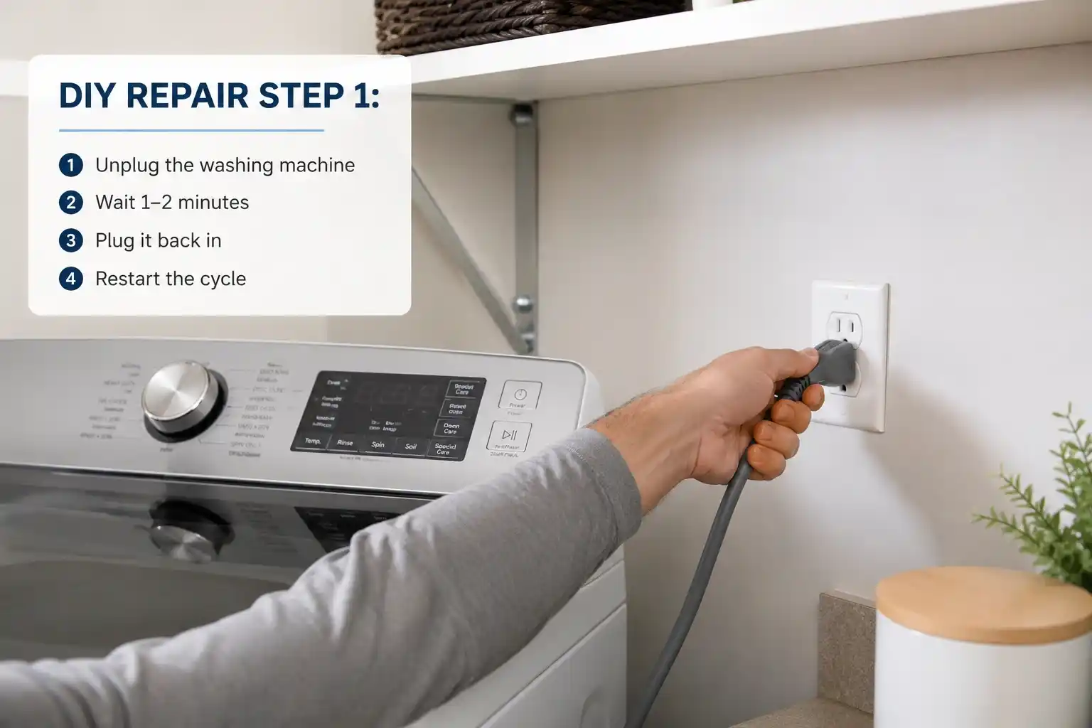 Homeowner unplugging washing machine to reset system during troubleshooting repair process