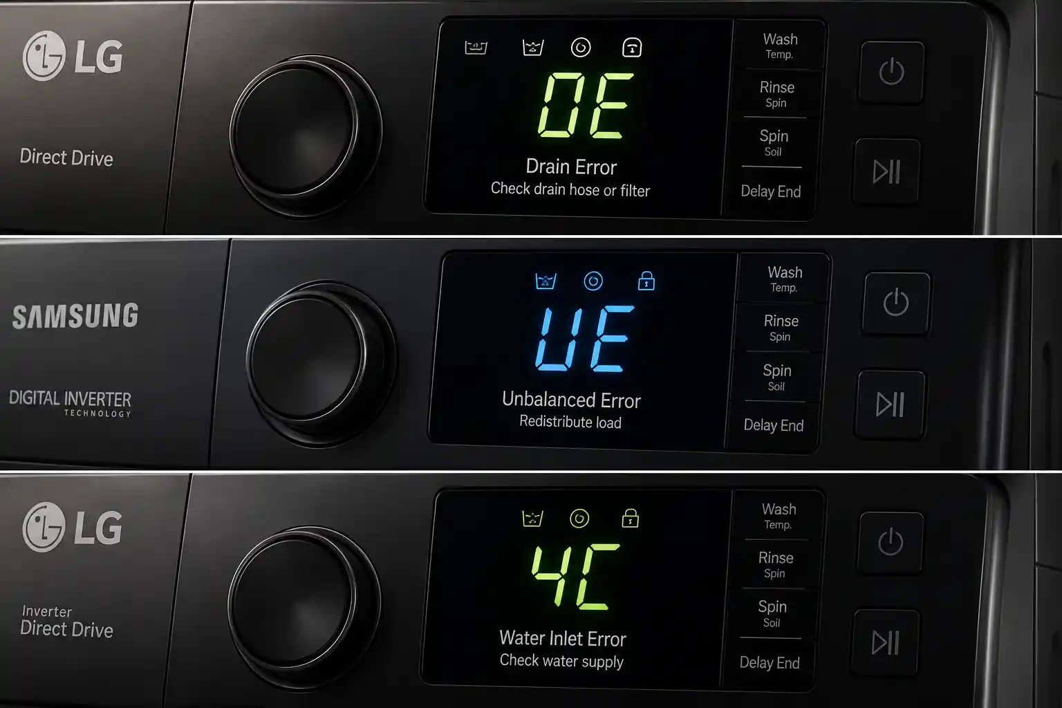 Washing machine digital display showing error codes like OE and UE for drainage and imbalance issues
