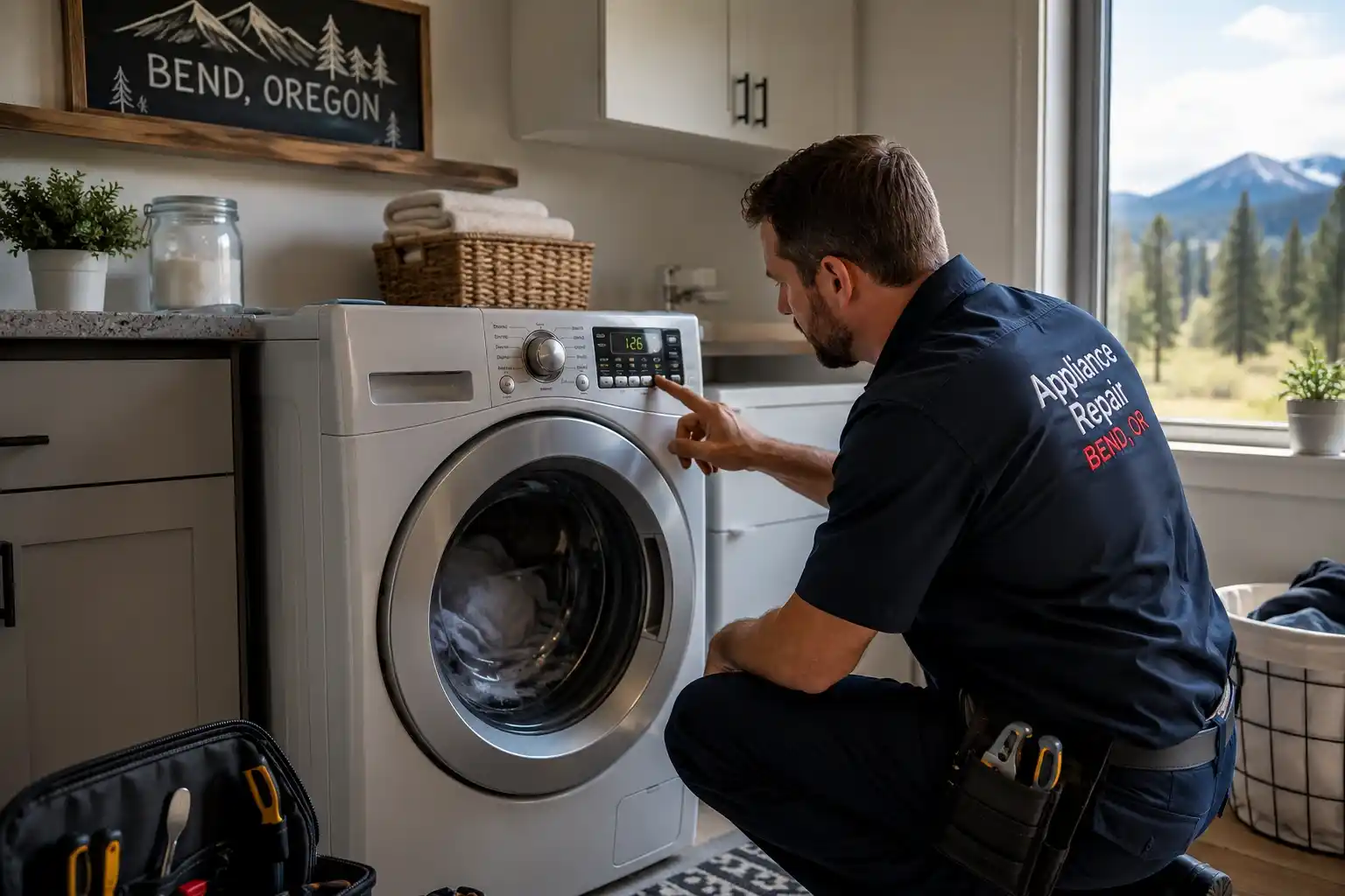 Washing machine stopped mid cycle showing diagnostic troubleshooting overview in a home laundry room