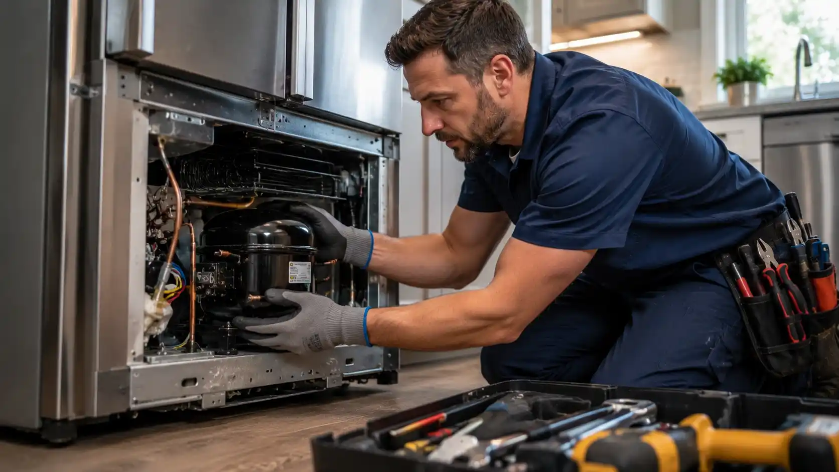 Certified appliance repair technician replacing a faulty refrigerator component