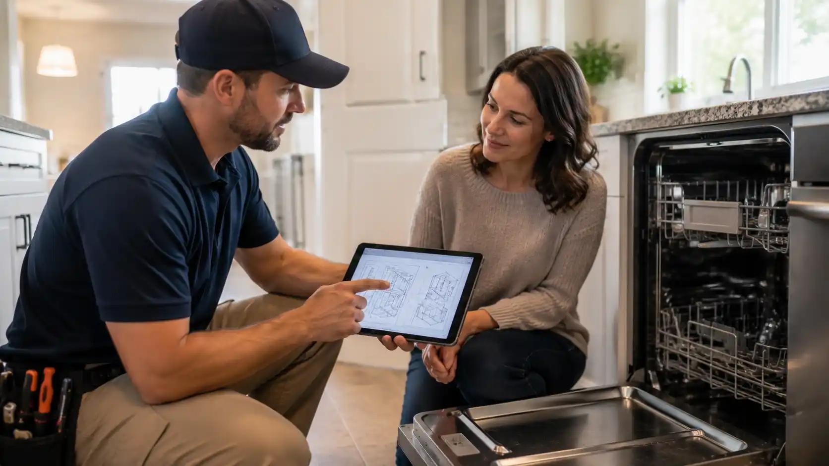 Appliance repair technician explaining repair options and cost estimate to a homeowner