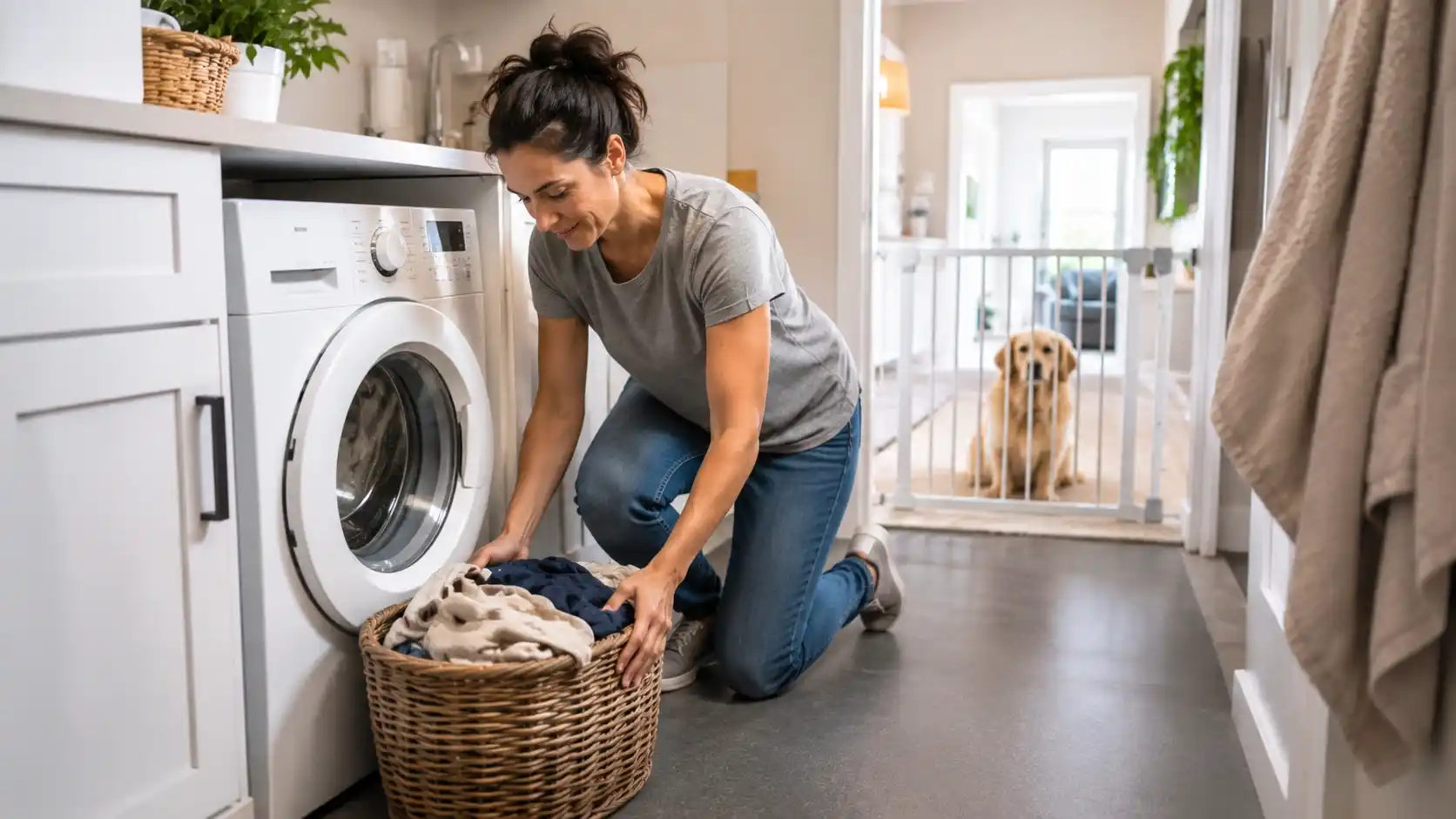 Homeowner clearing the laundry room before the technician arrives