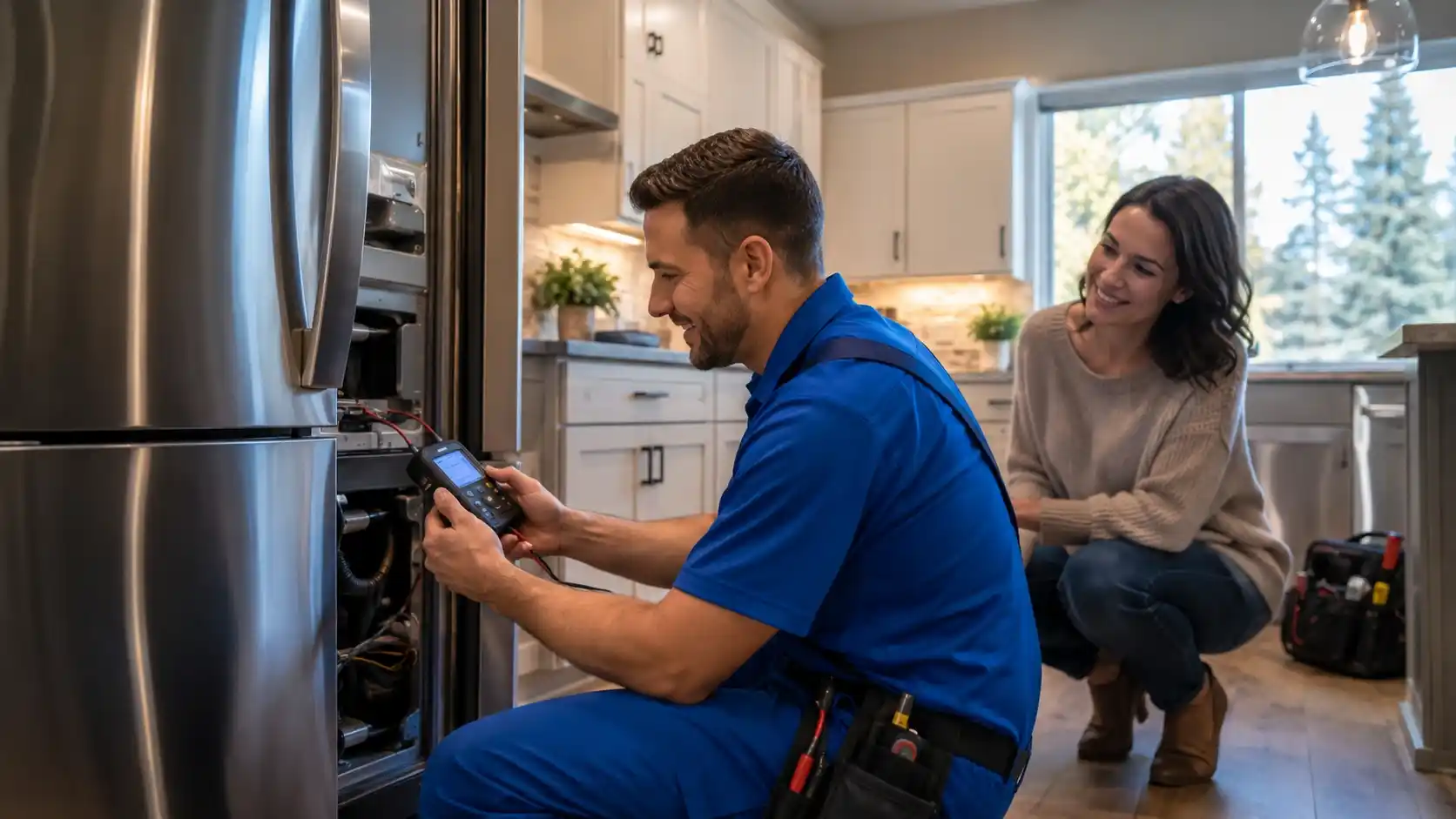 Professional appliance repair technician inspecting a refrigerator in a modern Bend Oregon home
