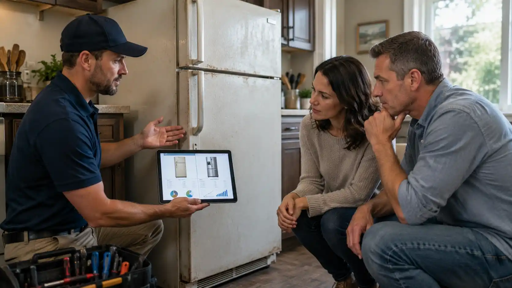 Appliance technician helping homeowners decide whether to repair or replace an old refrigerator