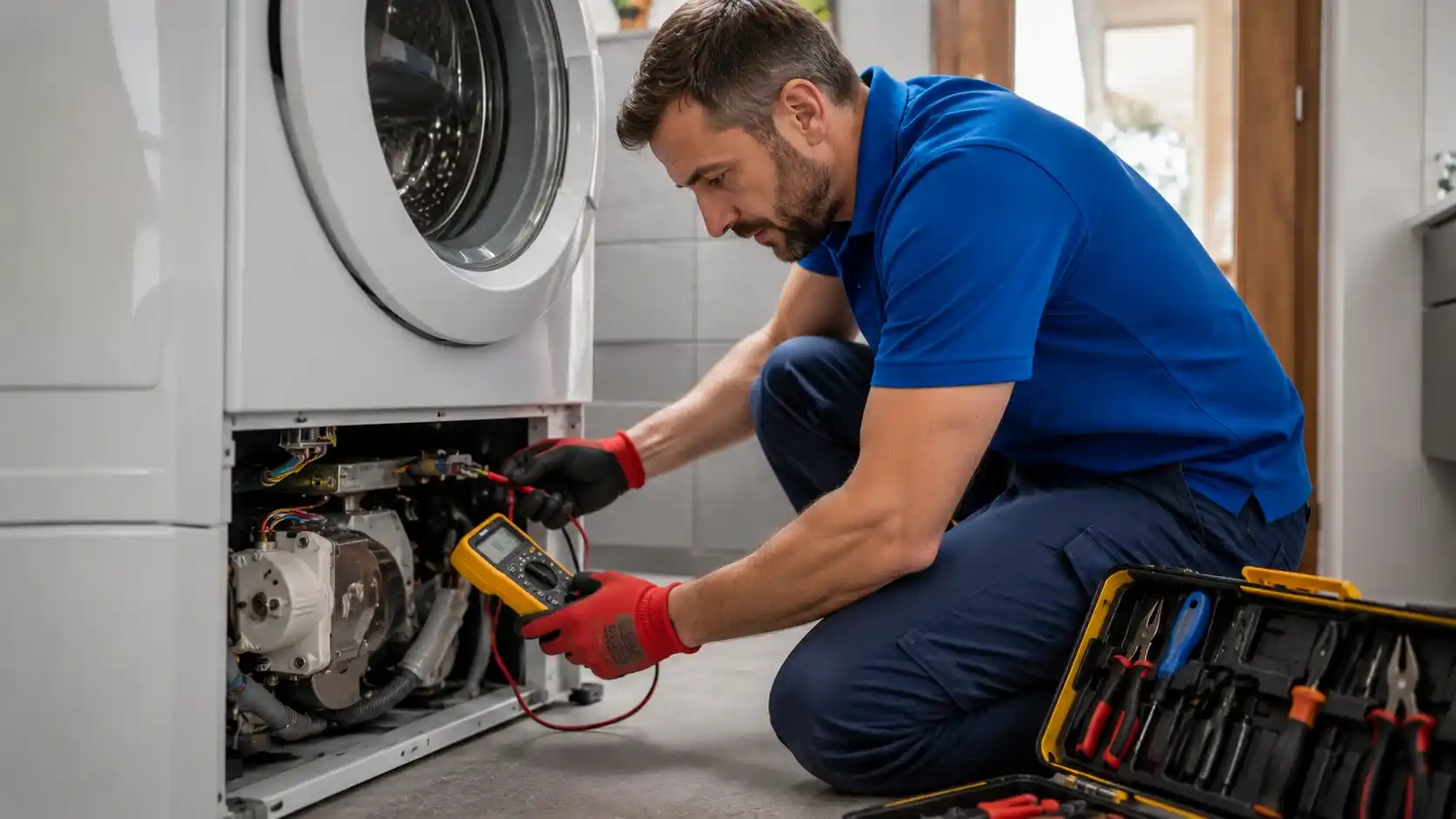 Appliance repair technician testing a washing machine with professional diagnostic equipment