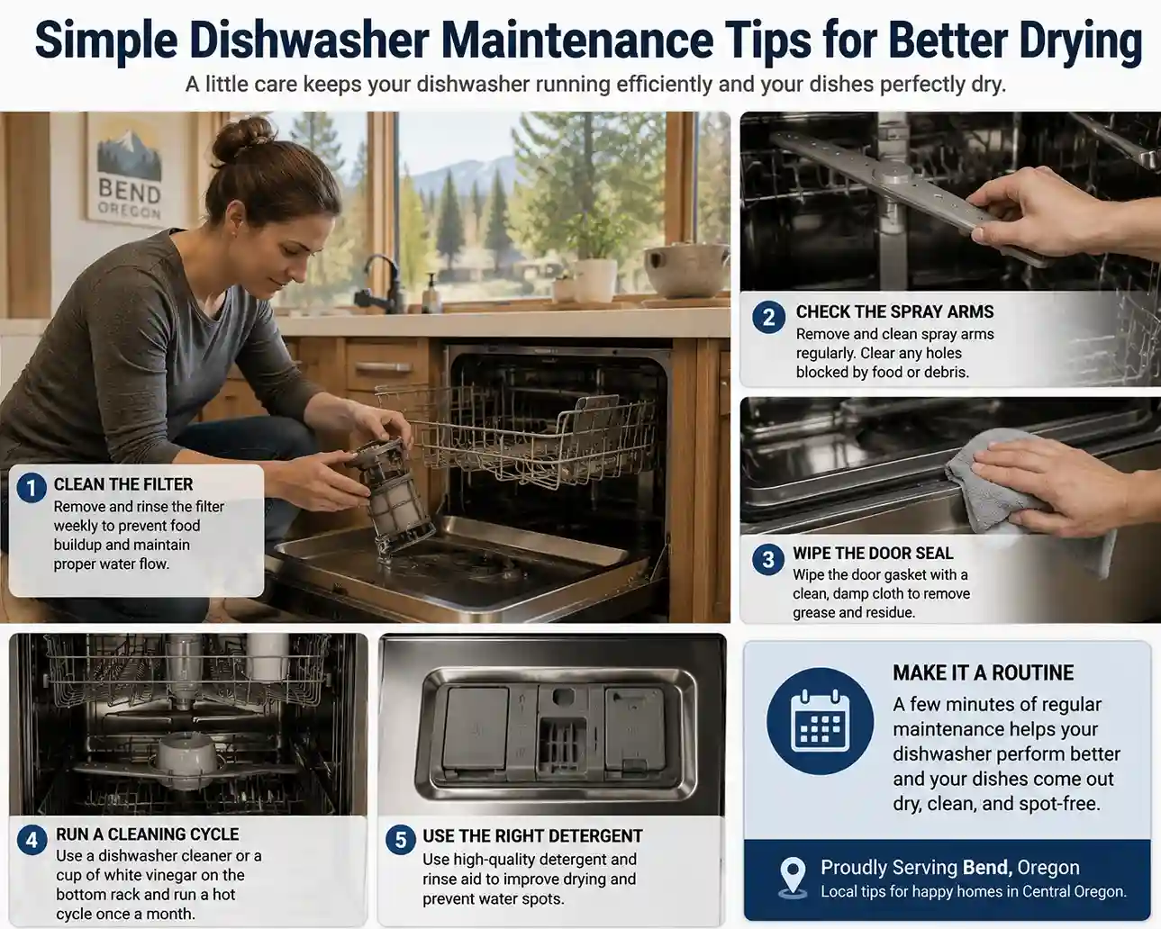Homeowner cleaning dishwasher filter and maintaining appliance for better drying performance