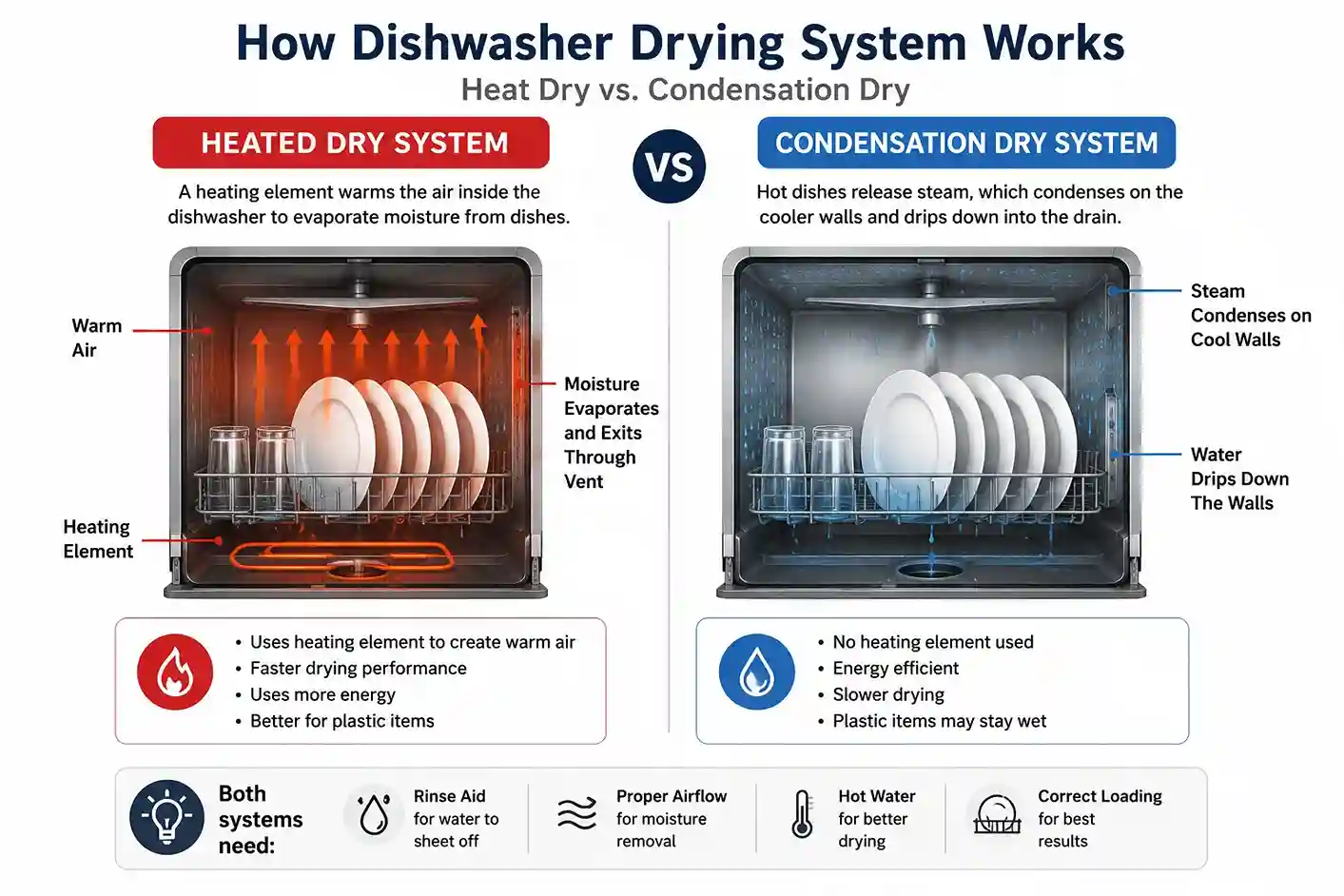 Diagram showing dishwasher heated dry system and condensation drying process comparison