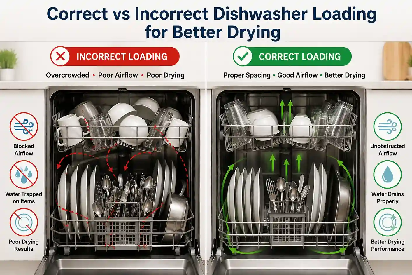 Comparison of proper and improper dishwasher loading affecting drying performance