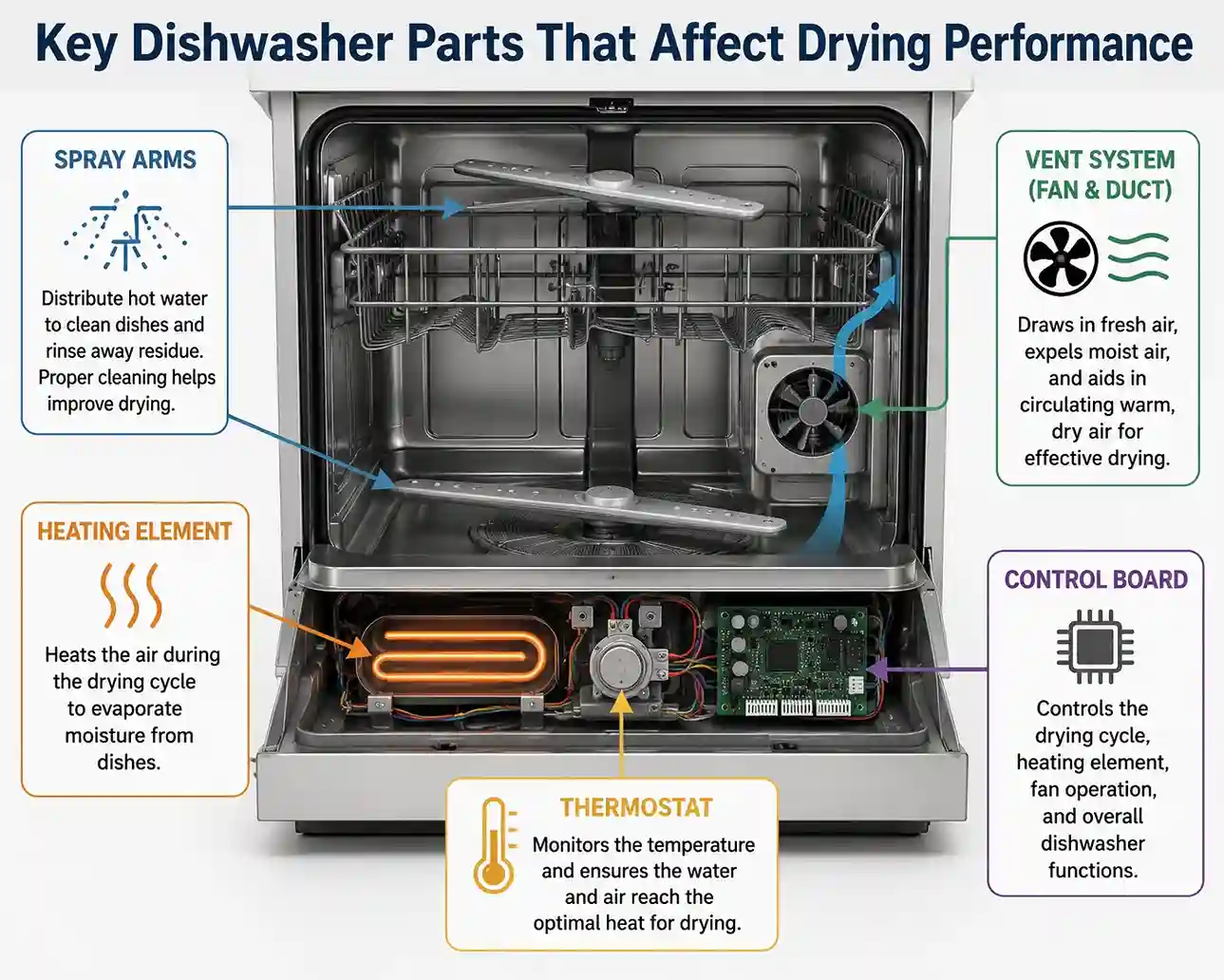 Diagram showing heating element, vent system, thermostat and control board inside dishwasher