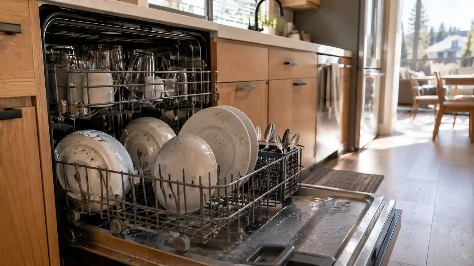 Dishwasher leaving wet and dirty dishes inside a modern kitchen in Bend Oregon home