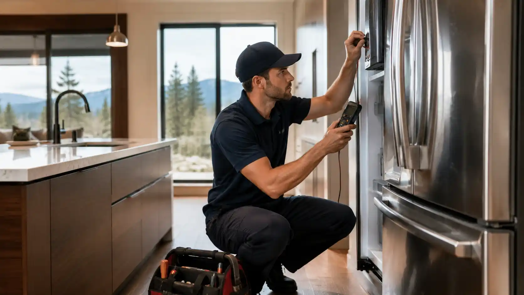 Appliance repair technician inspecting an appliance to estimate appliance repair cost in Bend, Oregon