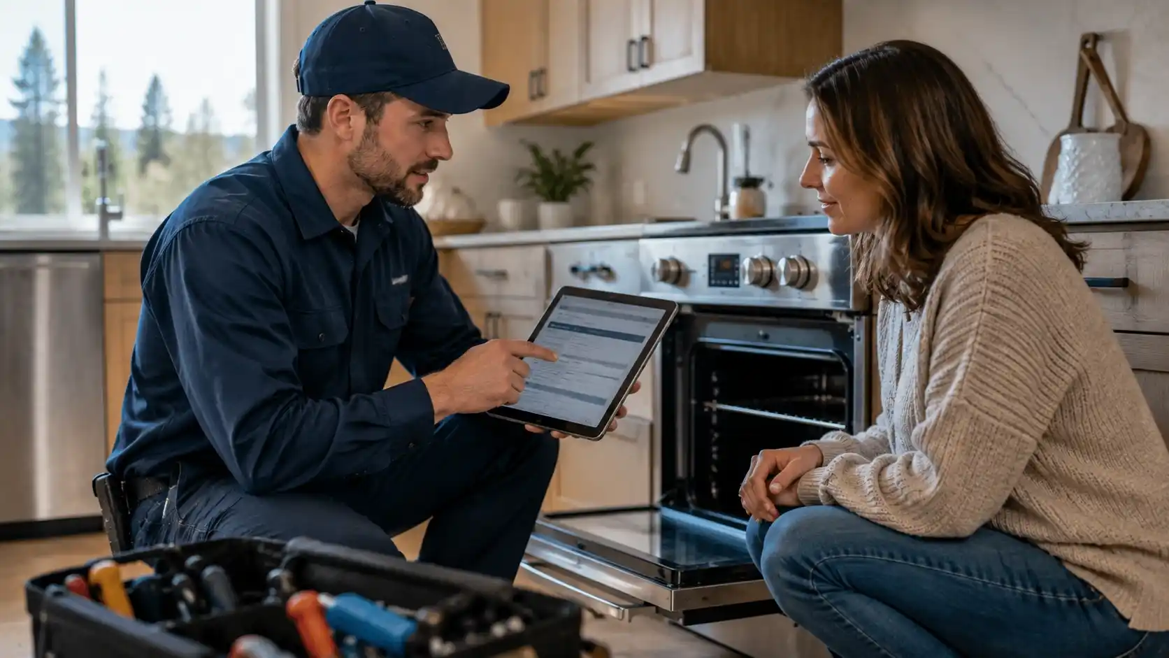 Technician preparing an appliance repair estimate for a homeowner in Bend, Oregon