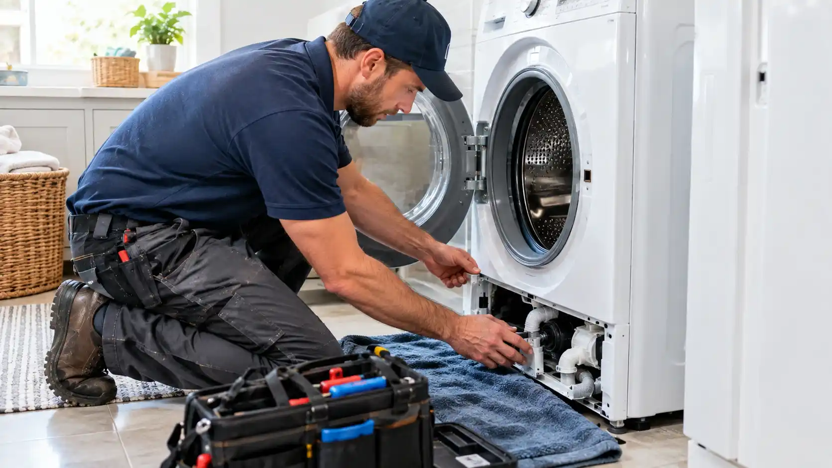 appliance repair technician checking washing machine