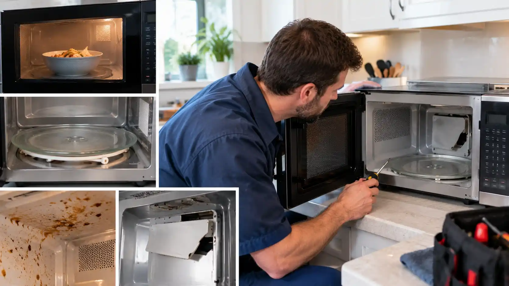 Common microwave problems including sparking, no heat and turntable failure
