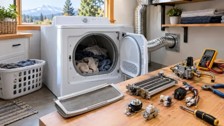 Dryer repair components, heating element, thermostat, lint screen, vent, and multimeter in a Bend Oregon laundry room