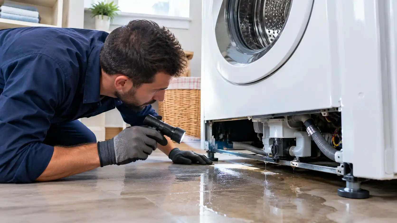 Technician using a flashlight to find a washing machine leak