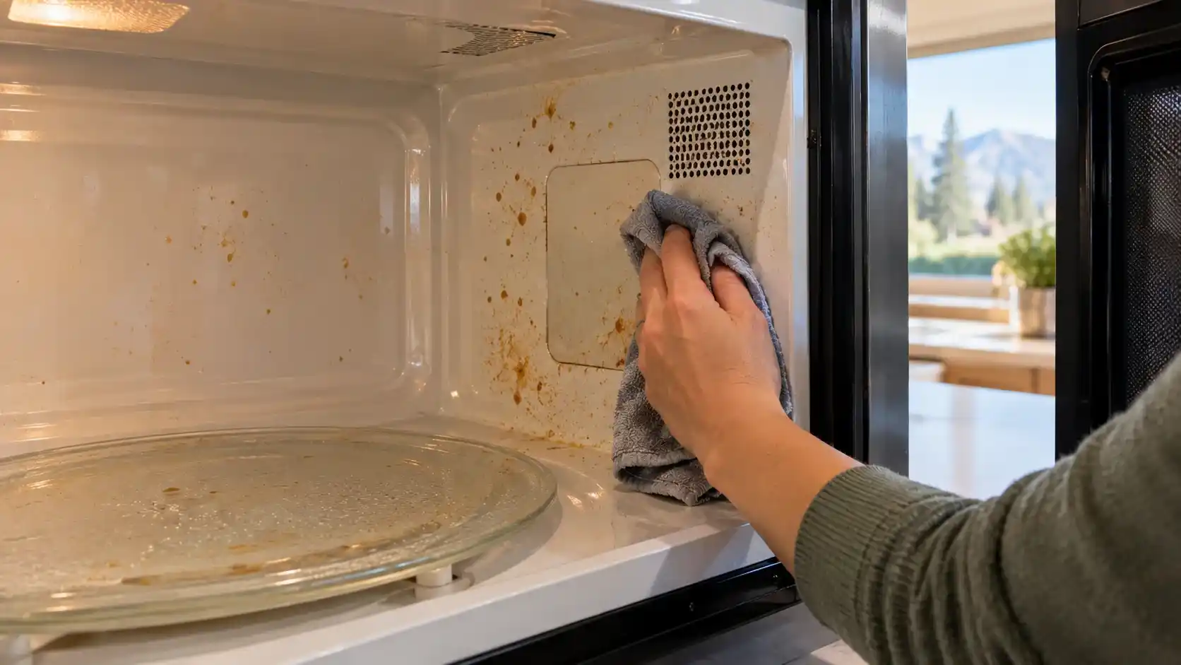 Cleaning food residue from a microwave cavity