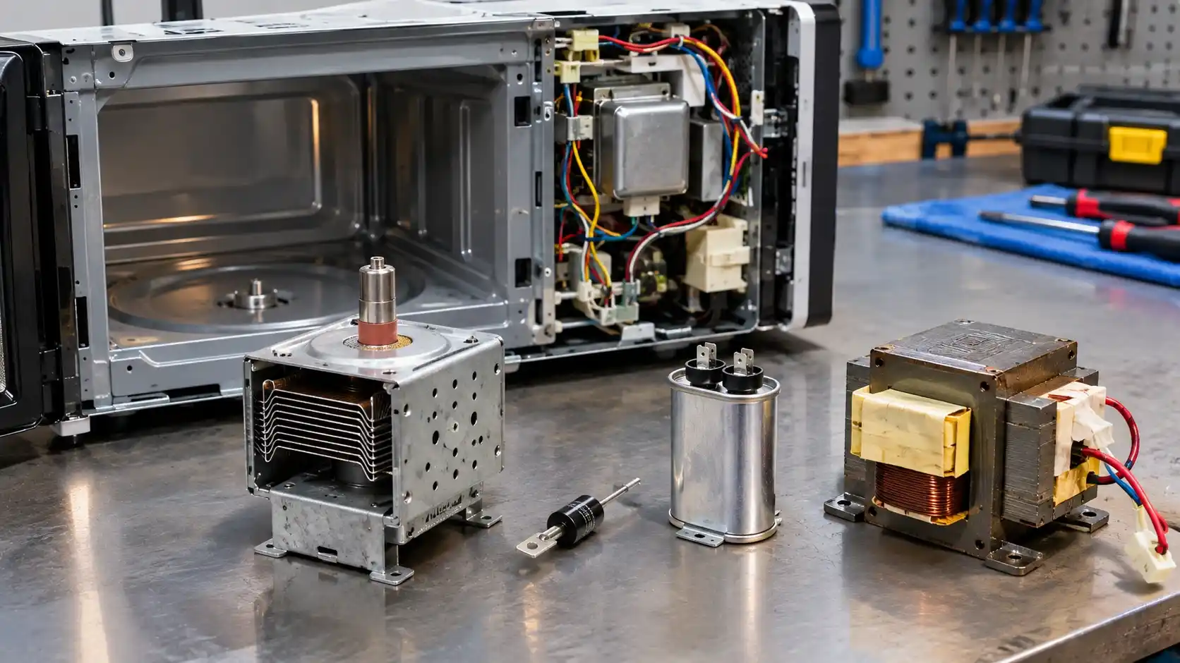 Microwave heating components including magnetron and diode