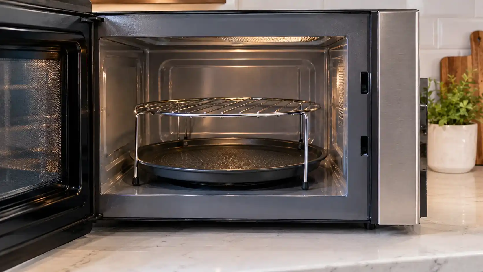 Microwave rack and crisper pan positioned correctly