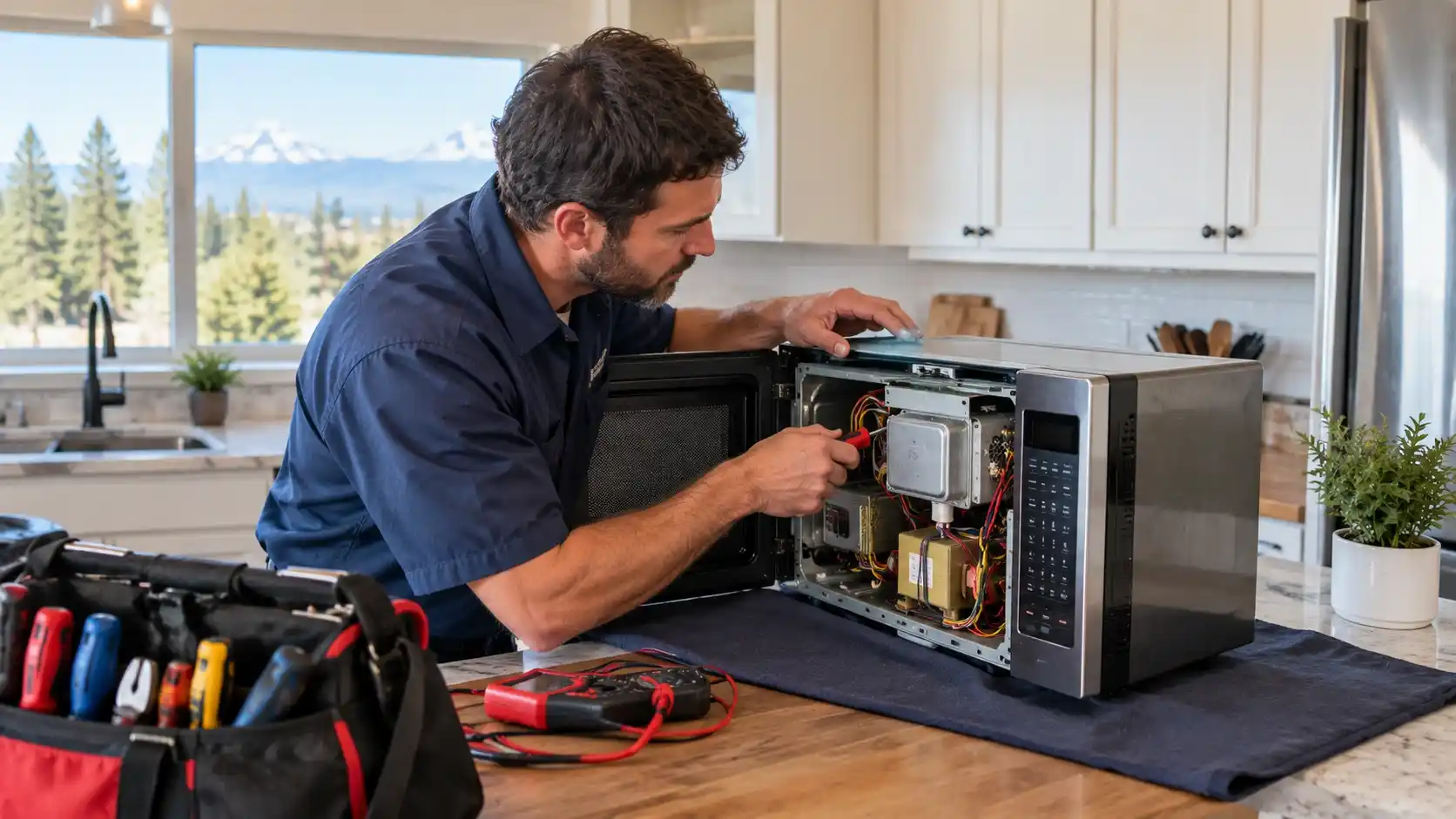 Microwave repair technician diagnosing a damaged microwave