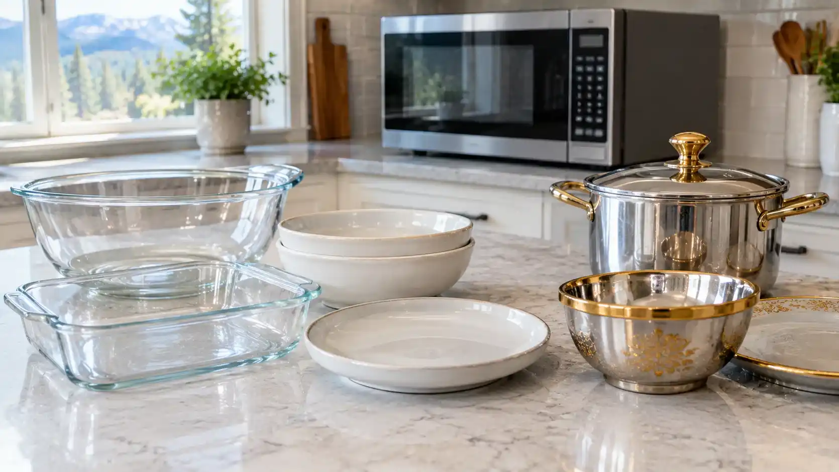 Microwave-safe cookware beside metallic cookware