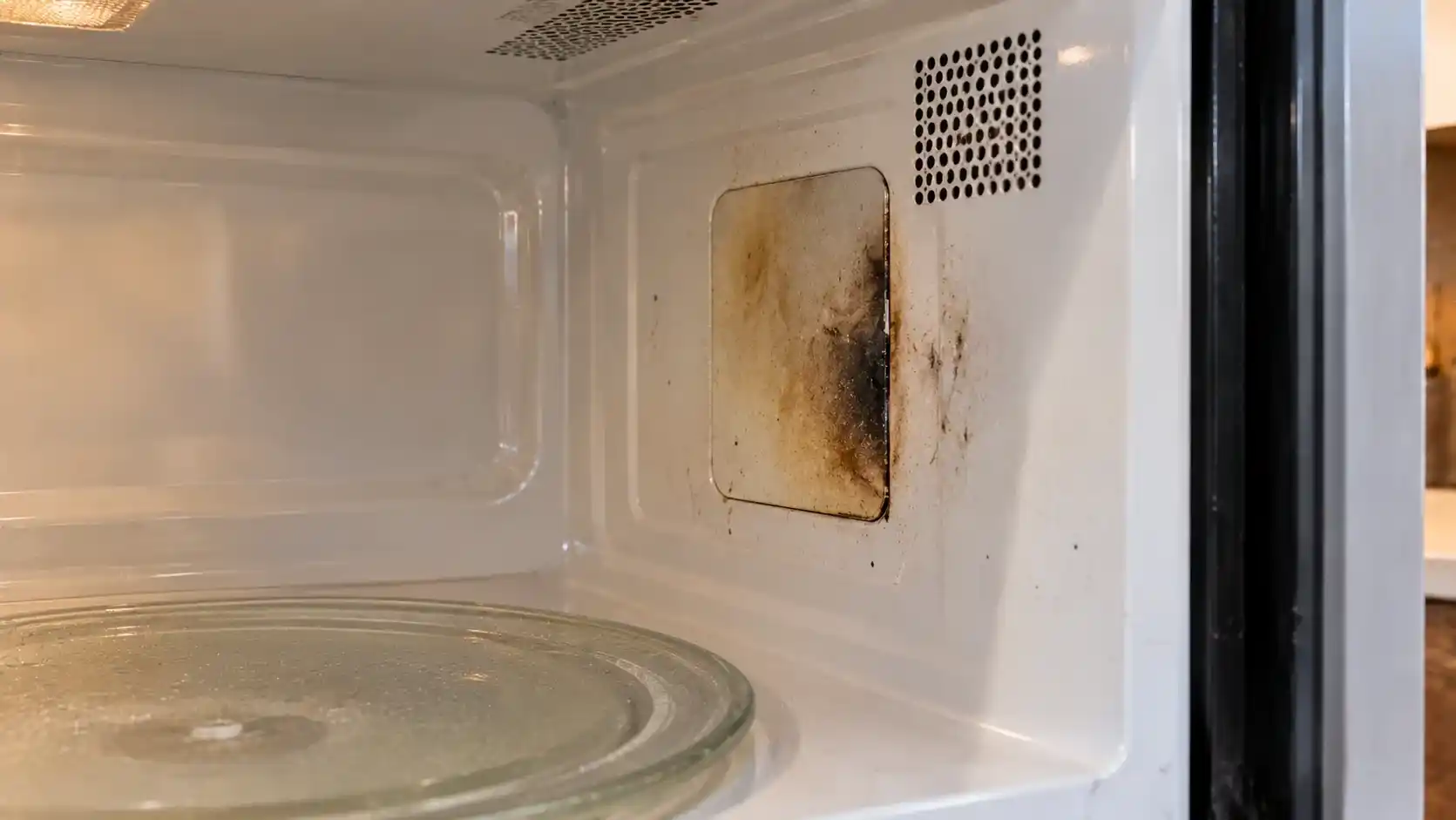 Damaged microwave waveguide cover with scorch marks