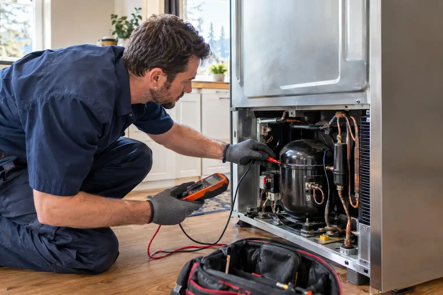 Appliance technician diagnosing a refrigerator compressor problem