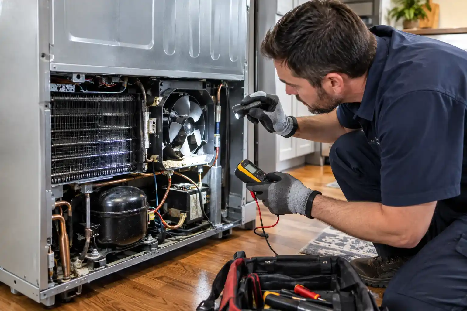 Refrigerator condenser fan motor being inspected by a technician