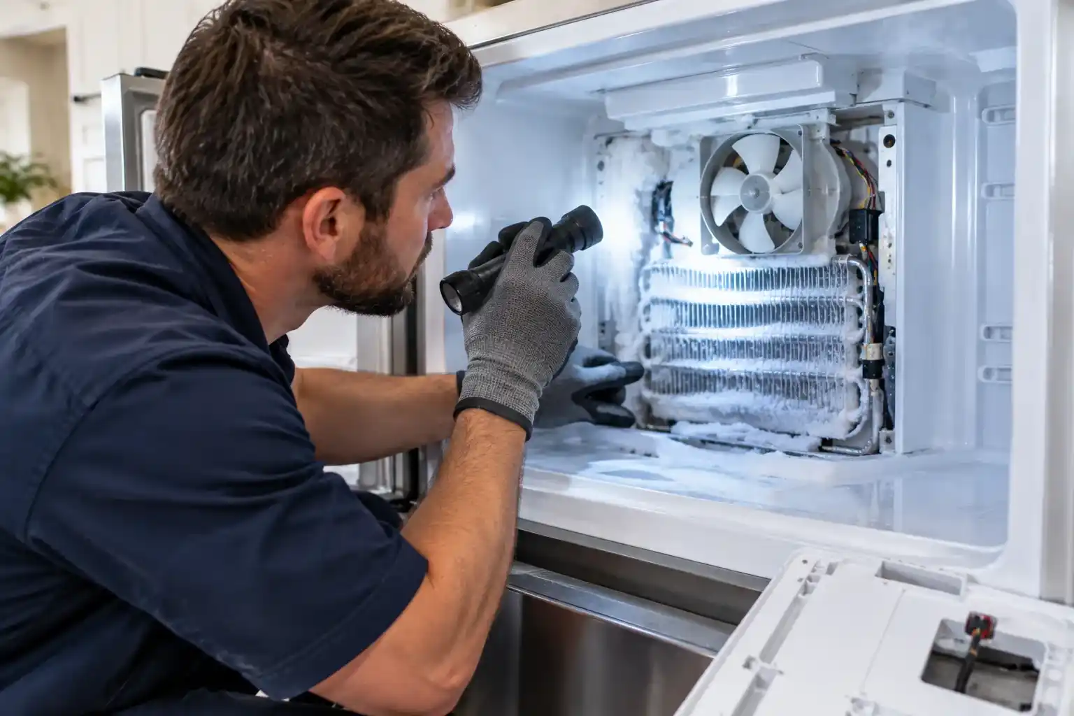 Technician inspecting refrigerator evaporator fan