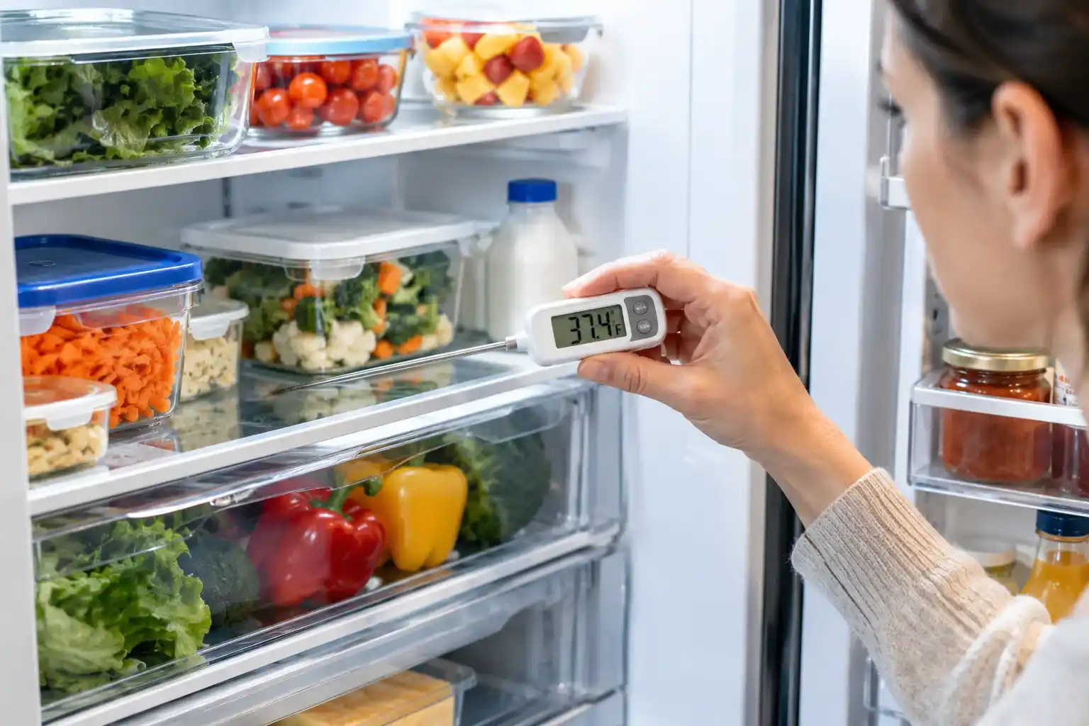 Homeowner checking refrigerator temperature with an appliance thermometer