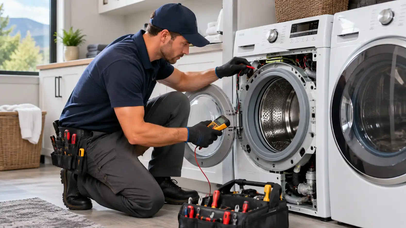 Technician diagnosing a washing machine to determine washing machine repair cost in Bend, Oregon