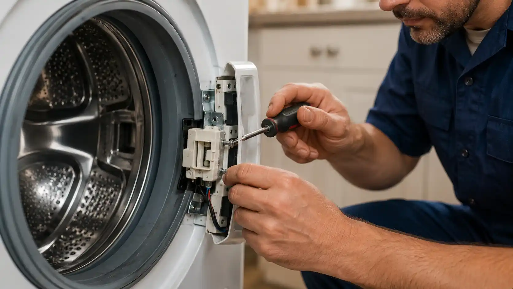 Technician inspecting a washing machine door lock assembly
