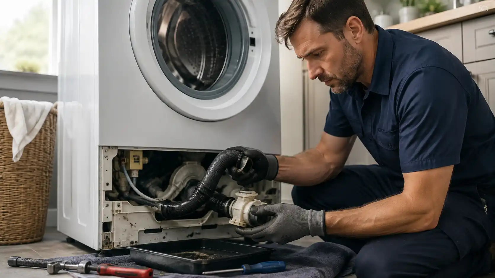 Technician checking washing machine drain hose and pump filter
