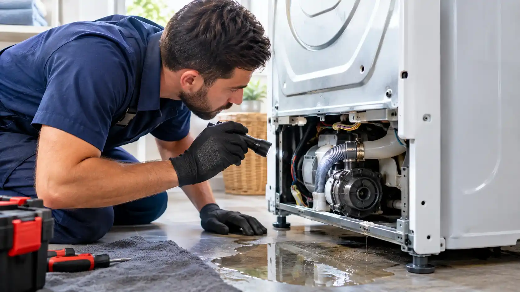 Technician inspecting a leaking washing machine drain pump