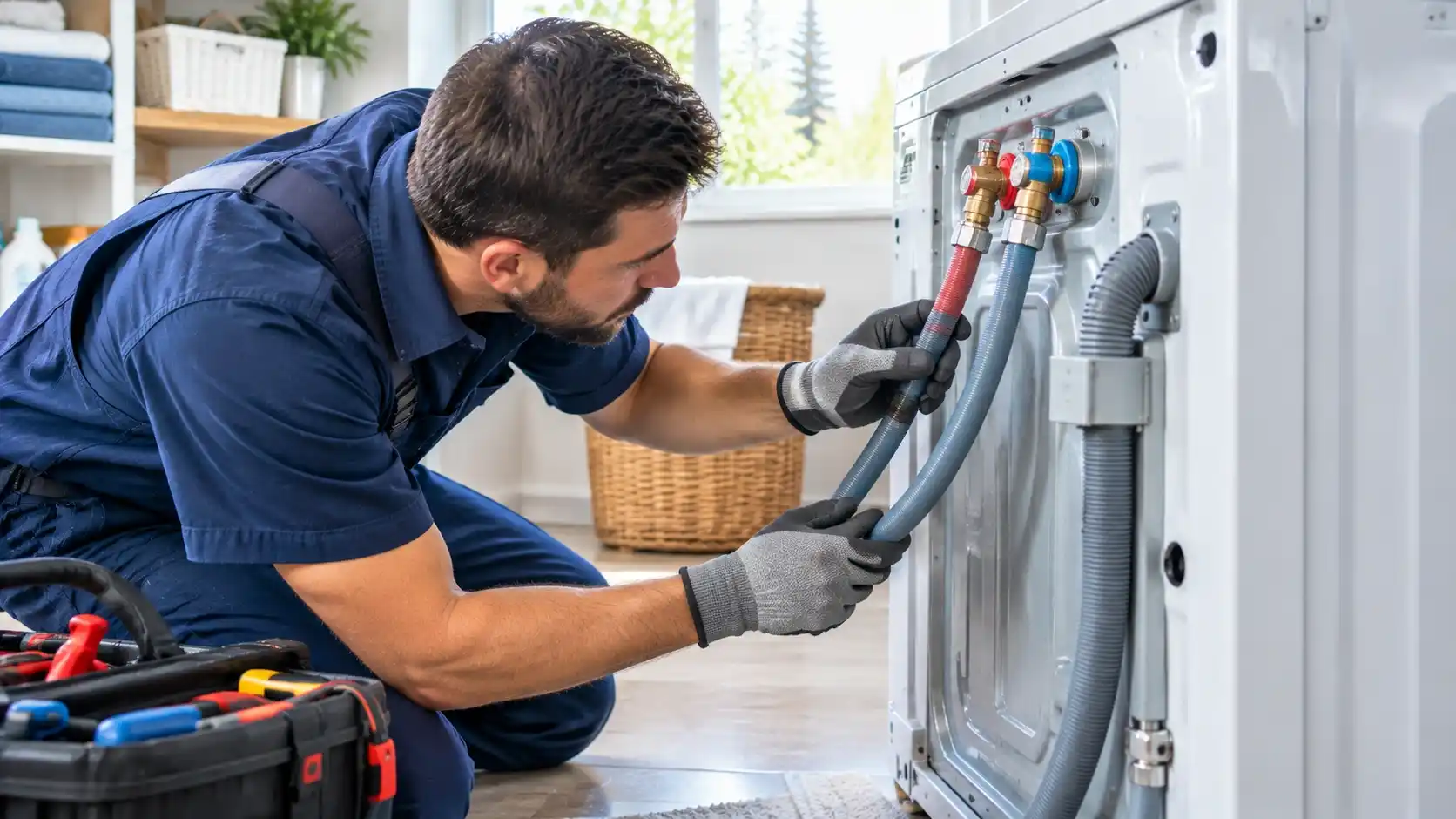 Technician checking washing machine hoses for signs of wear
