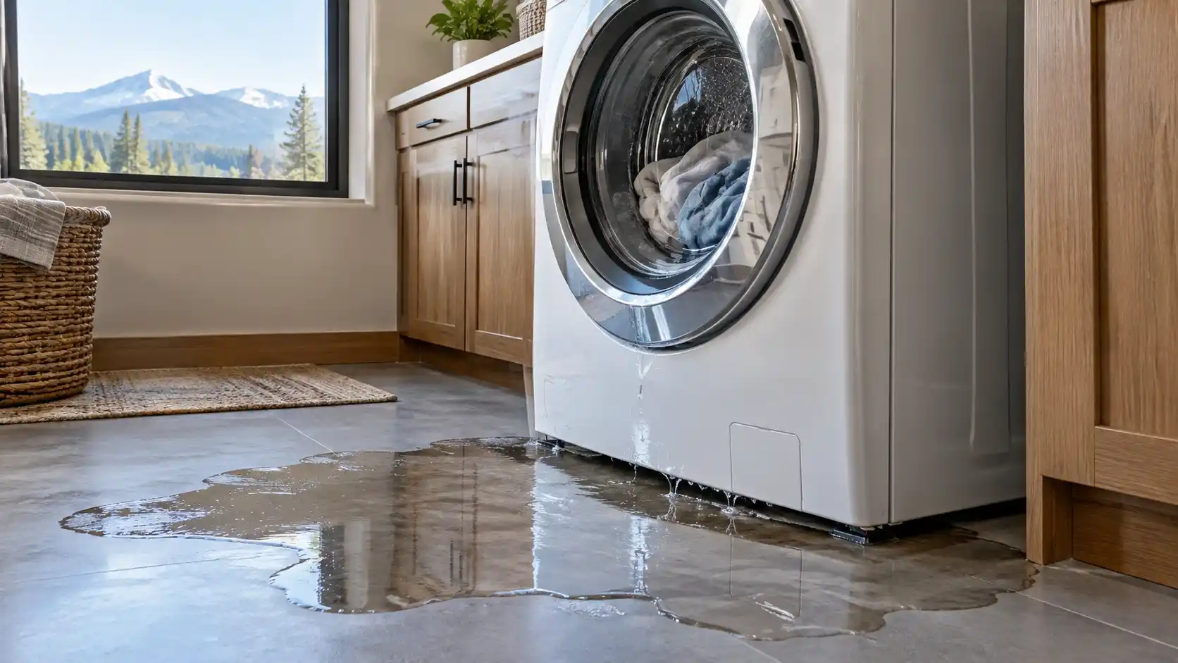 Washing machine leaking from the bottom onto a laundry room floor