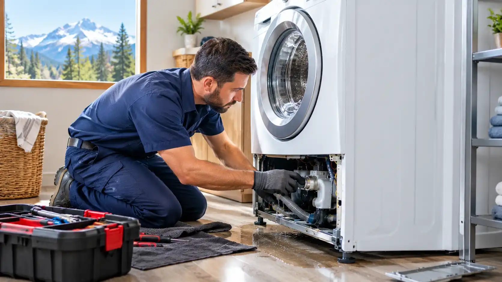 Appliance technician repairing a leaking washing machine in Bend