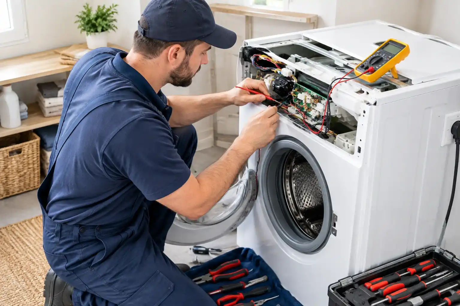 Appliance repair technician diagnosing a washing machine