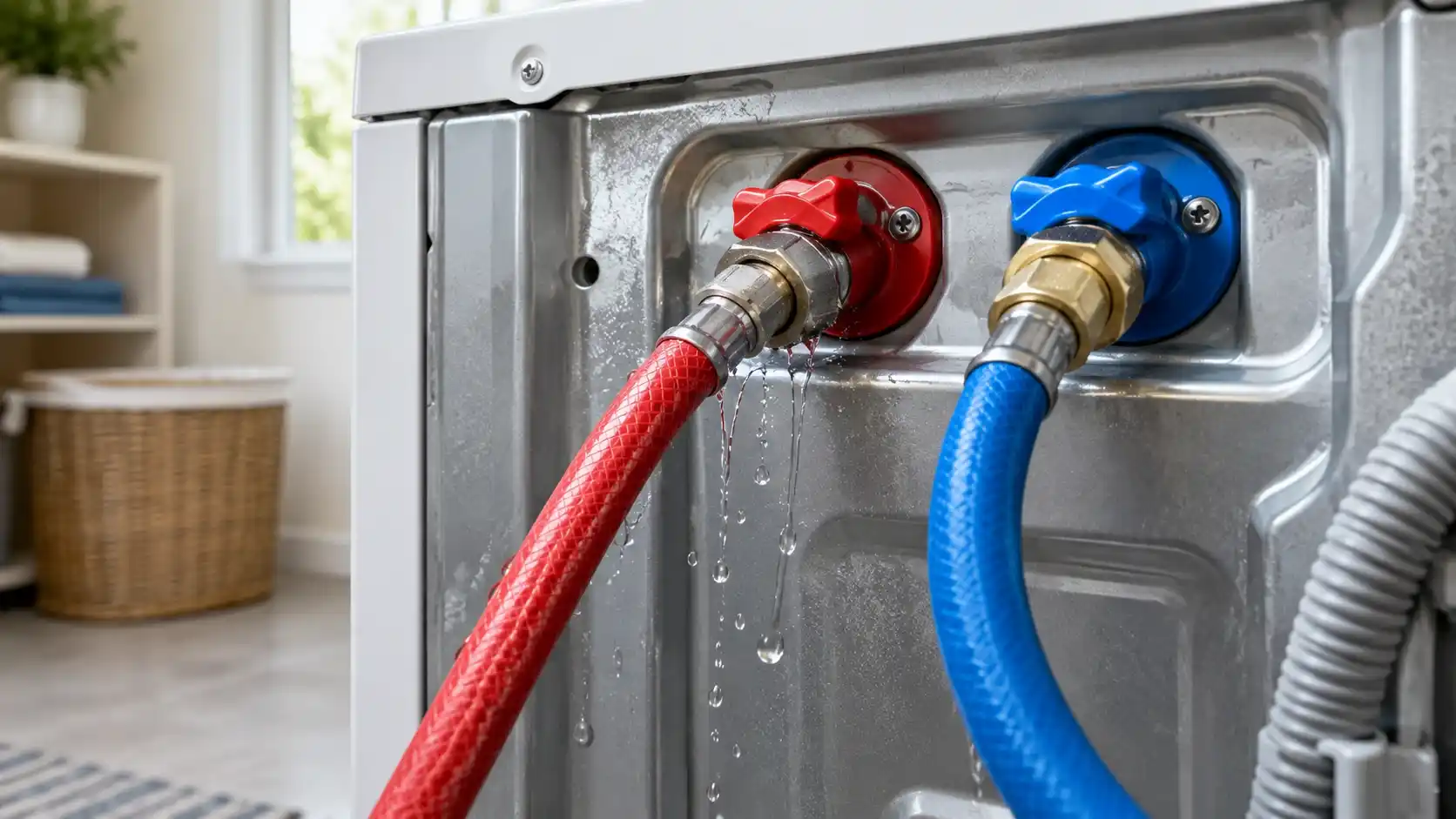 Leaking water supply hose behind a washing machine
