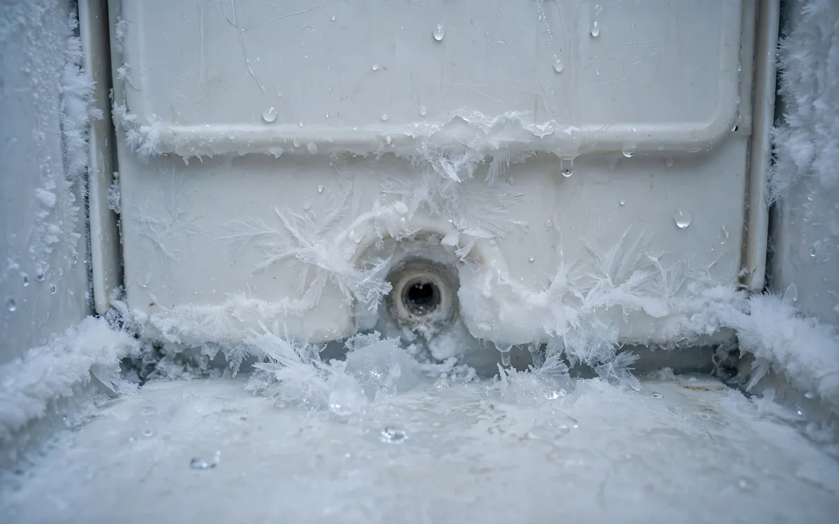 Ice buildup around a clogged freezer defrost drain hole