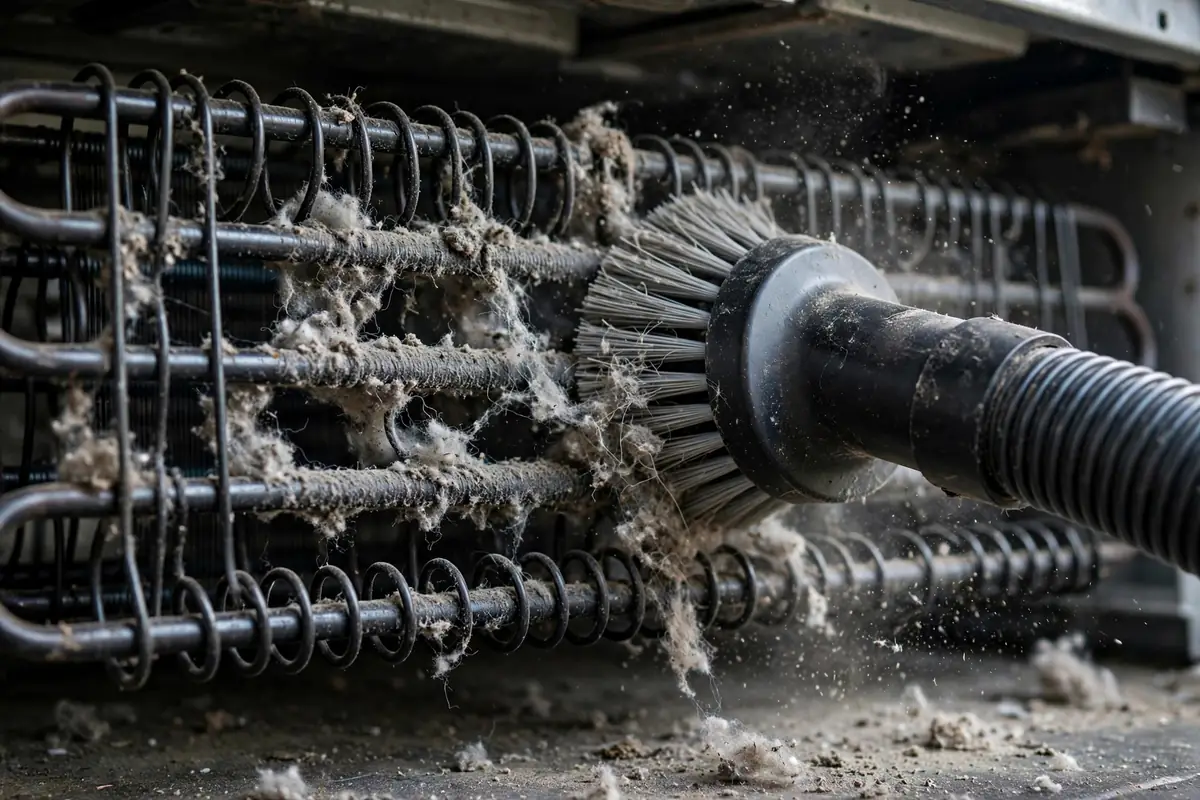 Dirty refrigerator condenser coils covered in dust — the top cause of a fridge running all the time