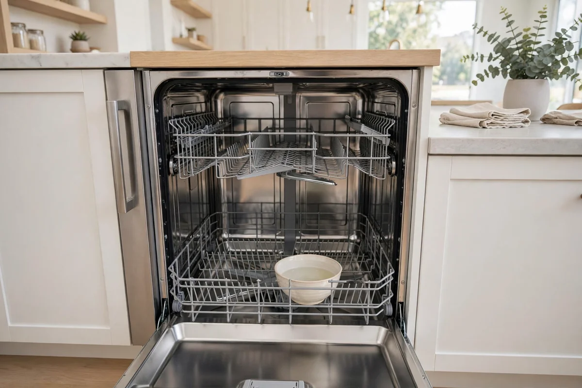 Open empty dishwasher with a bowl of white vinegar on the bottom rack during a cleaning cycle