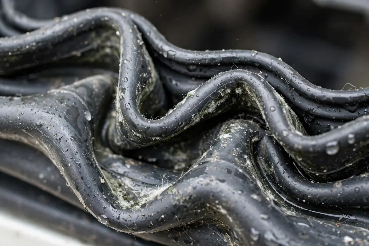 Close-up of a dishwasher door rubber gasket with damp folds showing mildew residue