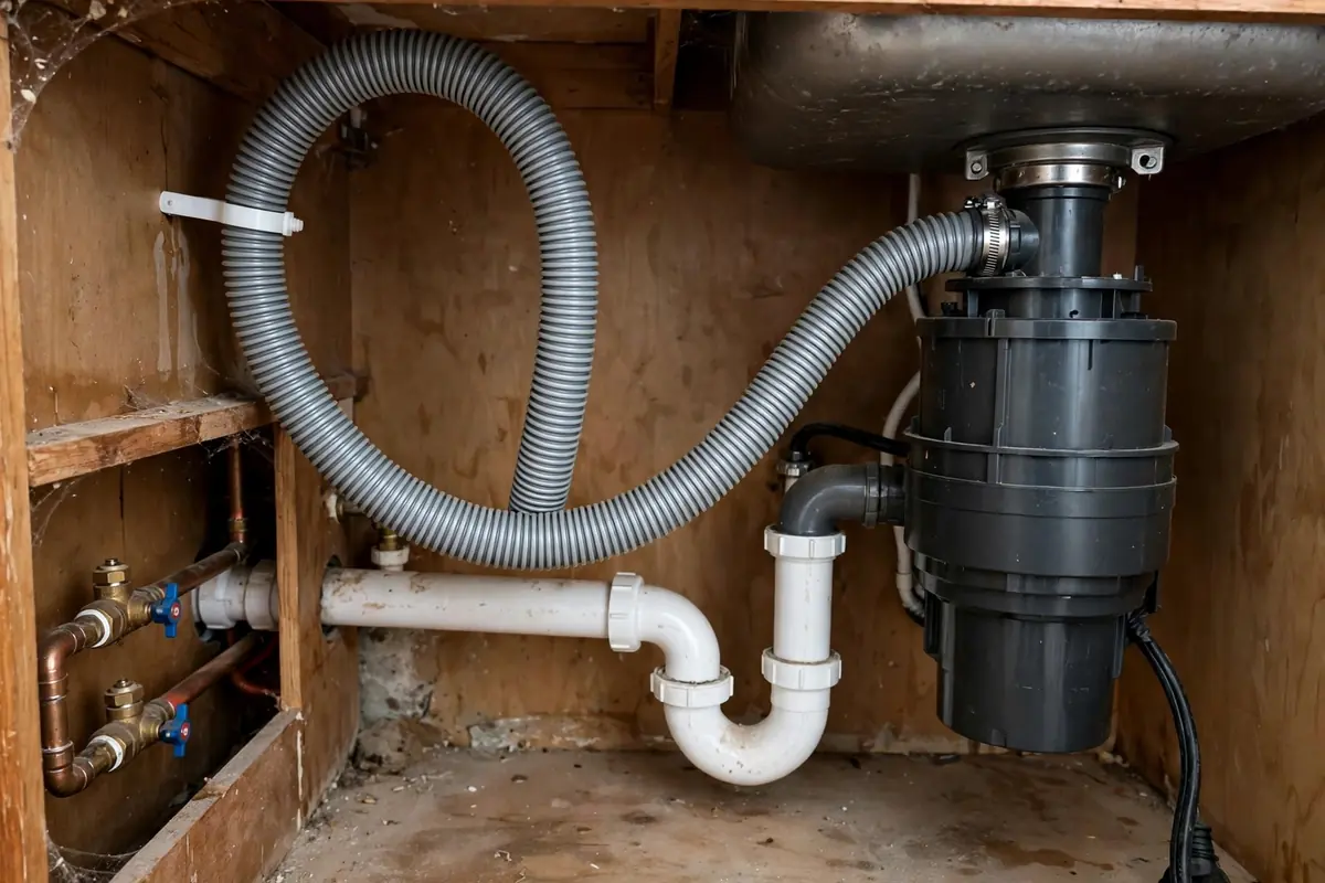 Dishwasher drain hose looped high under a kitchen sink and connected to a garbage disposal