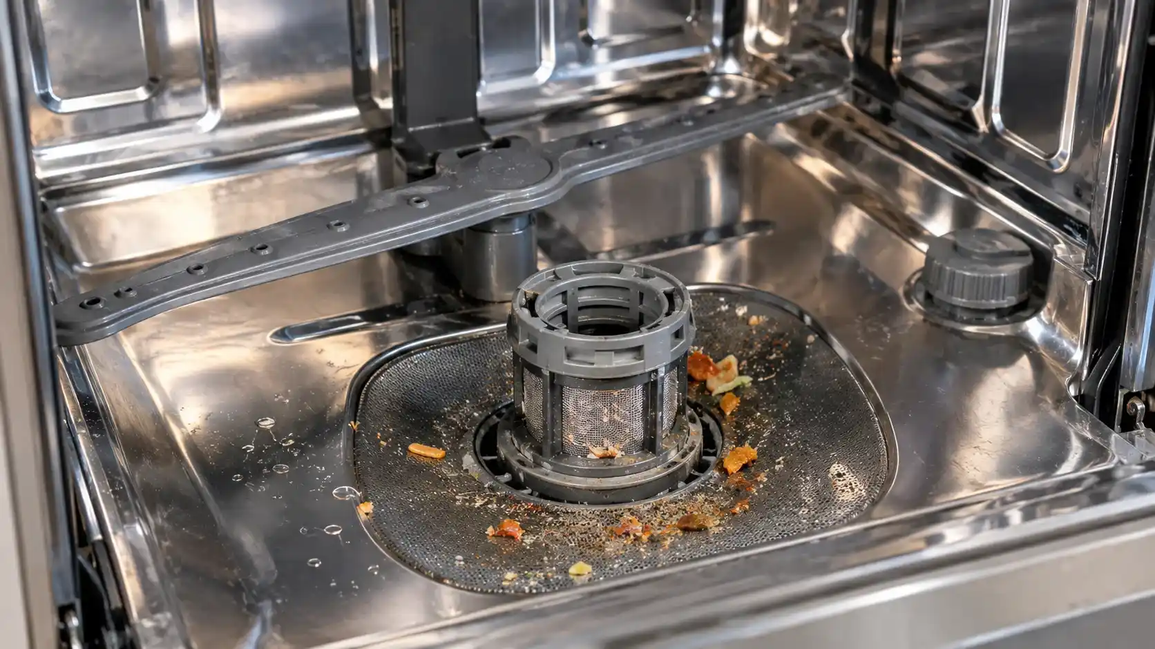 Hand lifting a dishwasher filter basket with trapped food particles out of the dishwasher tub
