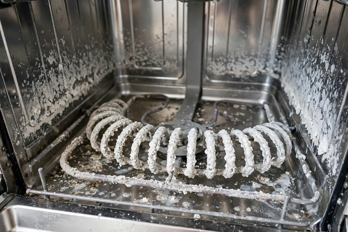 Inside of a dishwasher tub showing chalky white limescale film on the walls and heating element