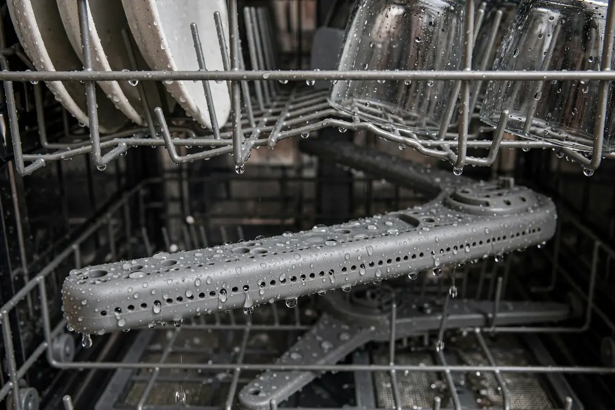 Close-up of a dishwasher lower spray arm with visible jet holes and water droplets