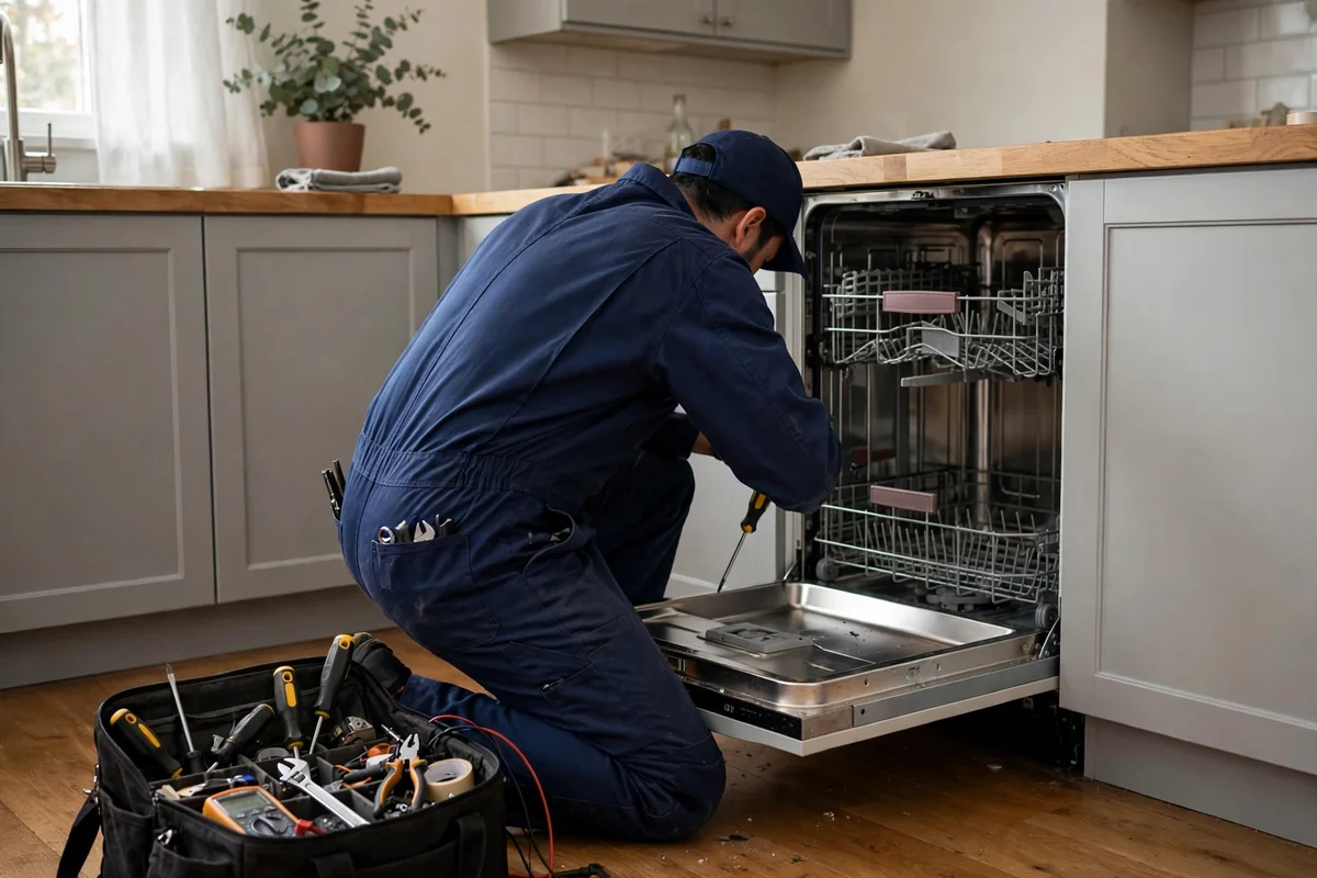 Appliance repair technician in a navy uniform inspecting an open dishwasher in a home kitchen