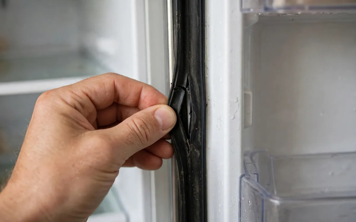 Inspecting a worn refrigerator door gasket for gaps and tears